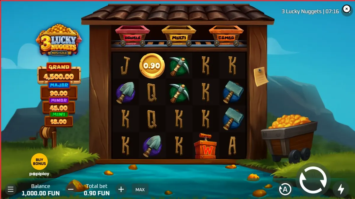 Interface do slot 3 Lucky Nuggets com tema de mineração e moedas de ouro