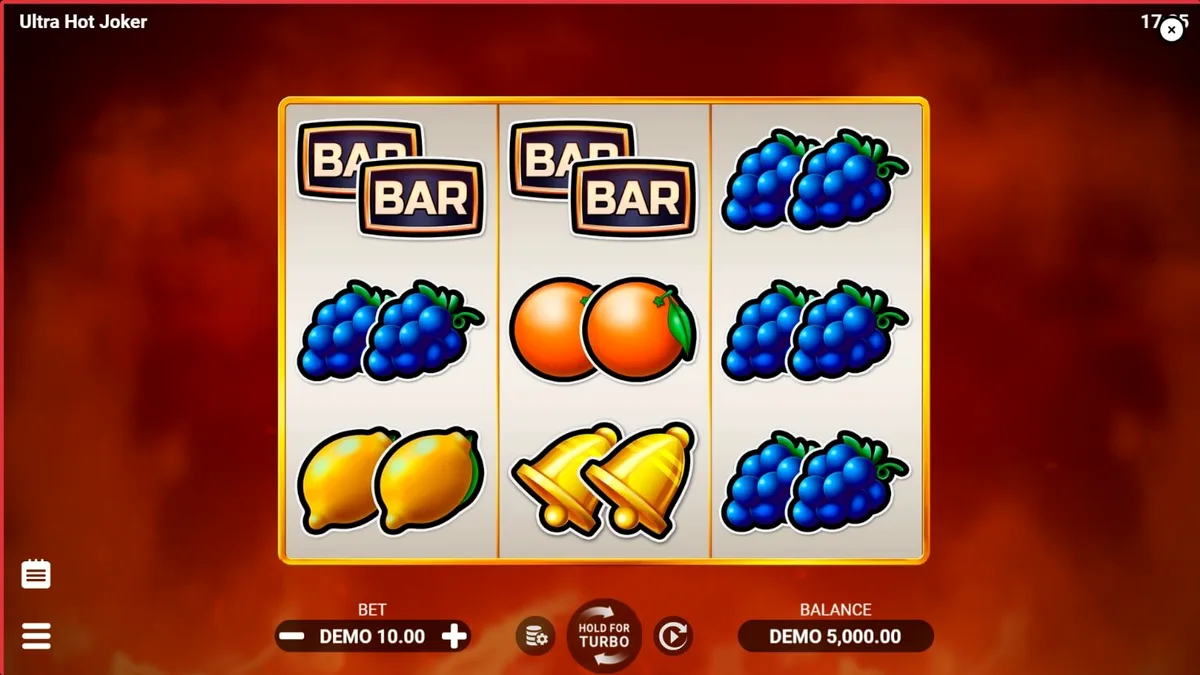 Interface vibrante e clássica do slot Ultra Hot Joker com símbolos de frutas e fogo